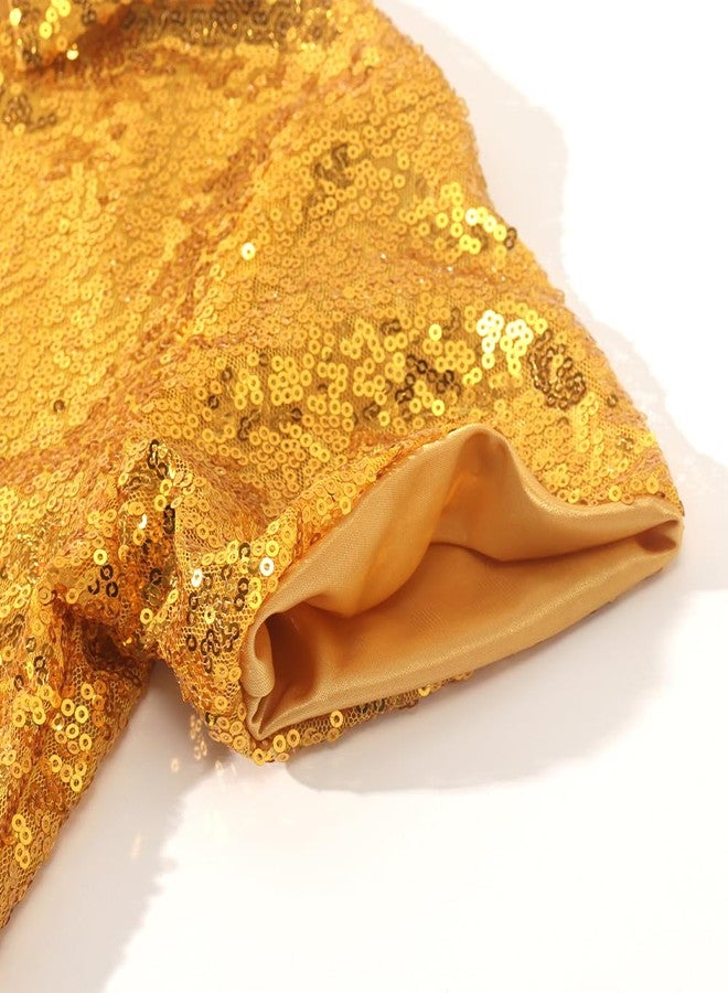 Spring&Gege Boy's Short Sleeve Turndown Sparkle Sequins Polo Shirt 70s Disco T-Shirt, Gold, Size 7-8 Years - Image 4